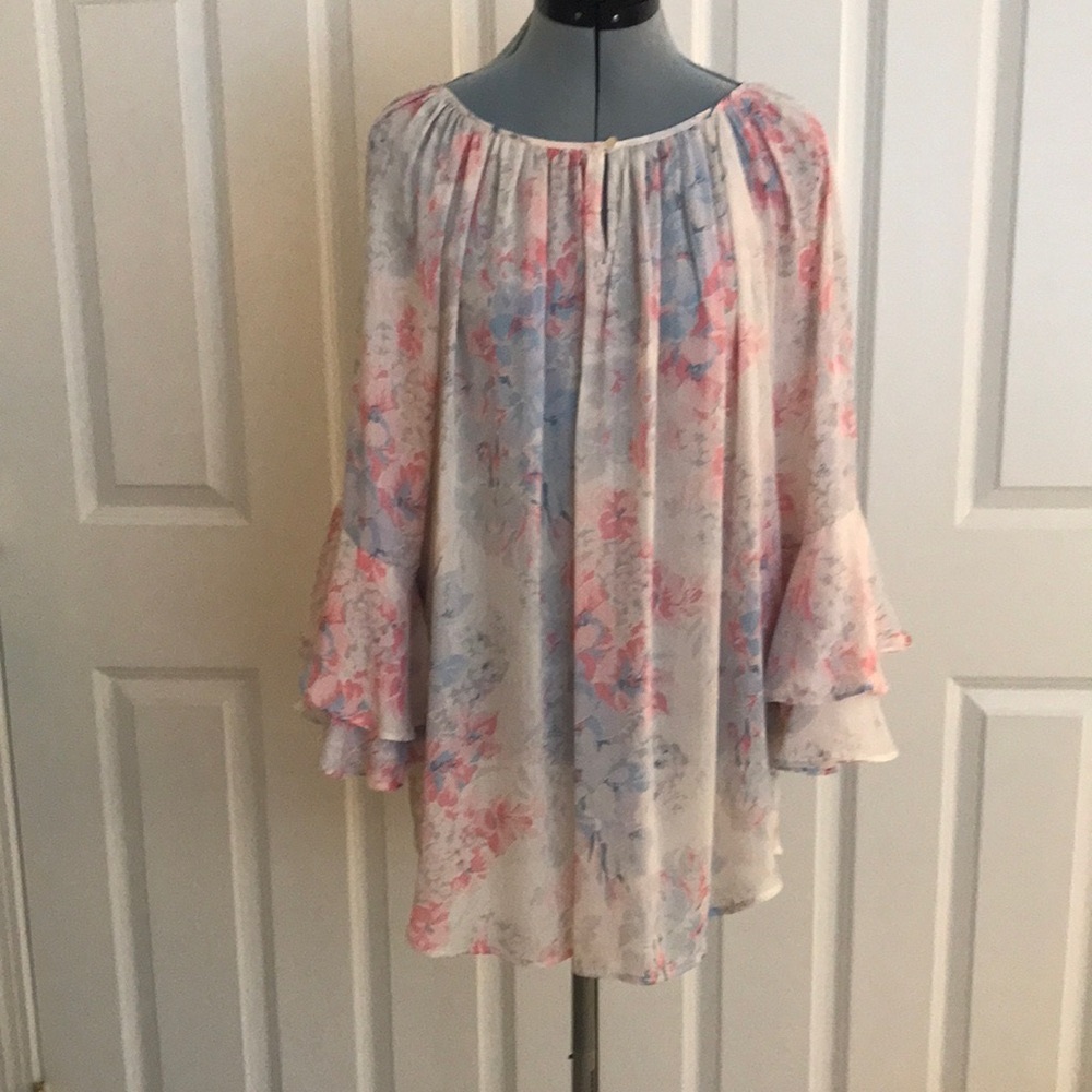 Chaps White Pink Blue Lavender Floral Peasant Blouse Ruffle Bell Sleeves 2X Plus